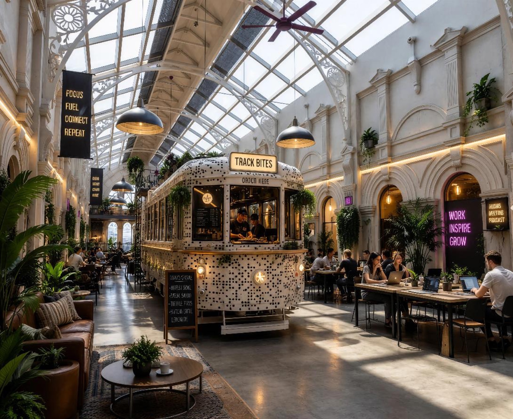 The carriage café at concourse level, framed by the station’s vaulted glass roof.