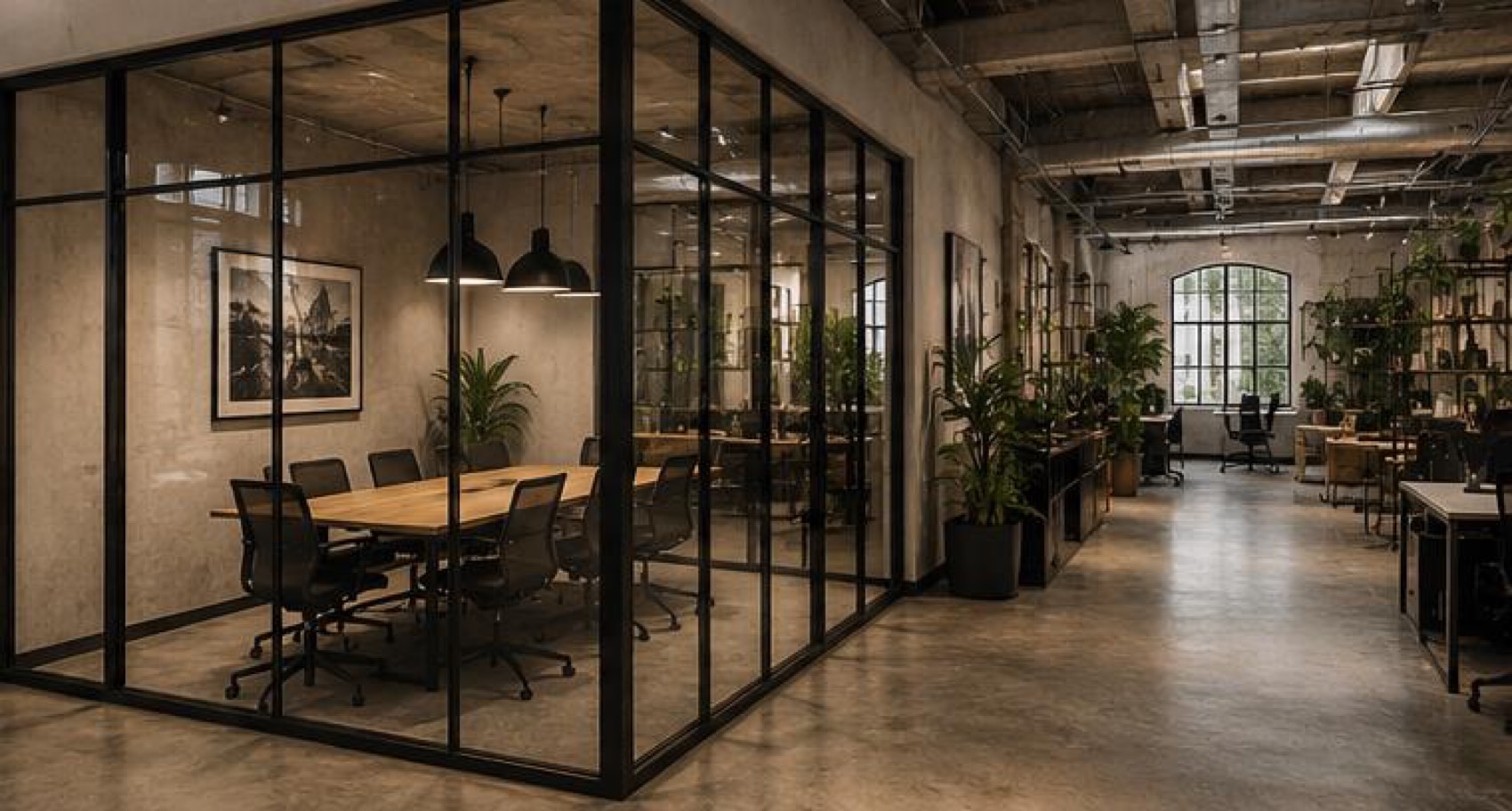 Glass-partitioned meeting rooms keep light and the heritage shell in view.