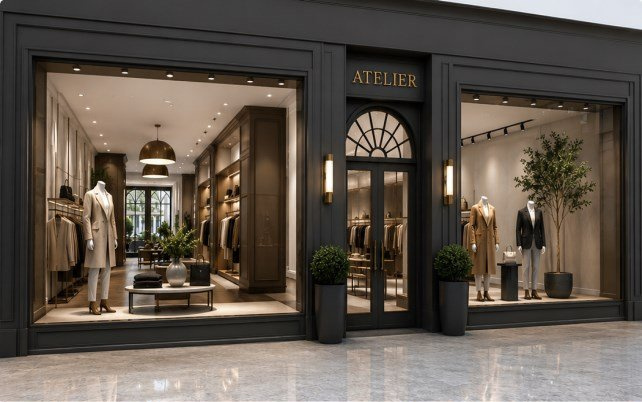 A boutique storefront beneath the heritage shell — dark timber, brass and arched glass against the original structure.