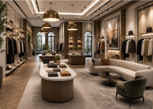 The boutique interior — warm timber, brass pendants and layered lighting lend the station the composure of a luxury retail hall.