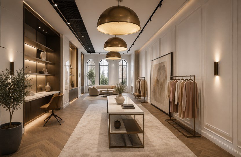 A pendant-lit retail promenade threading display and craft through the concourse.