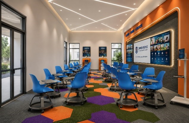 A learning studio — flexible seating, an accent wall and integrated screens for collaborative, technology-led teaching.