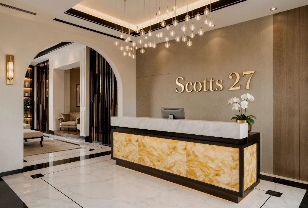 The reception — a marble-and-onyx desk beneath a cascading light installation.