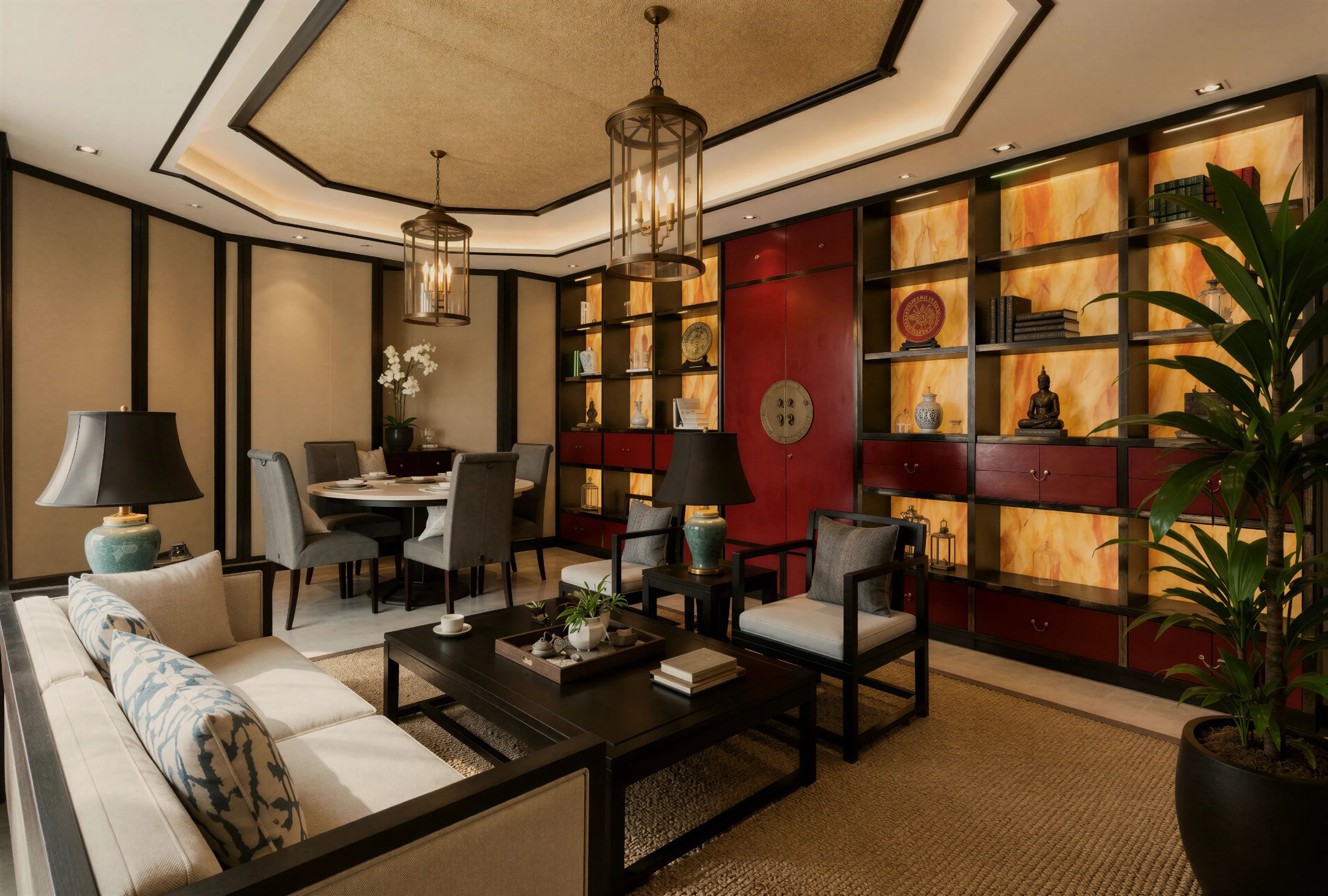 A tea-room lounge — red lacquer, onyx shelving and warm timber, framed by lantern lighting.
