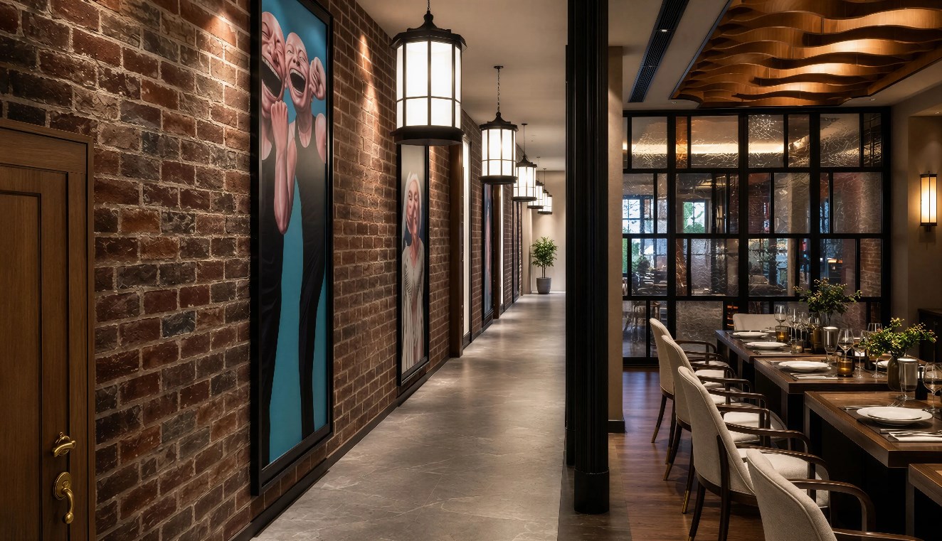 The dining hall — a wine-wall private room under a sculptural chandelier.