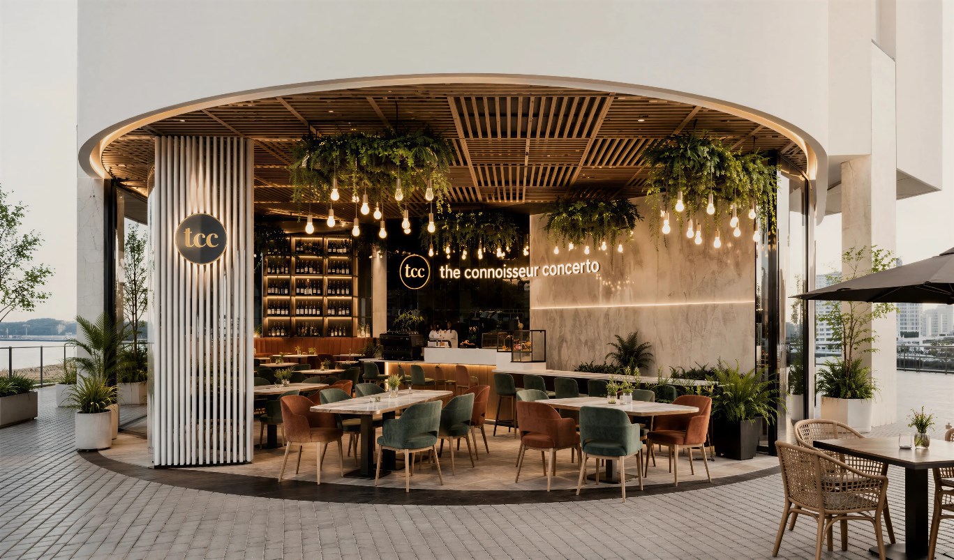 The connoisseur concerto — a curved timber portal opening the room to the quay.