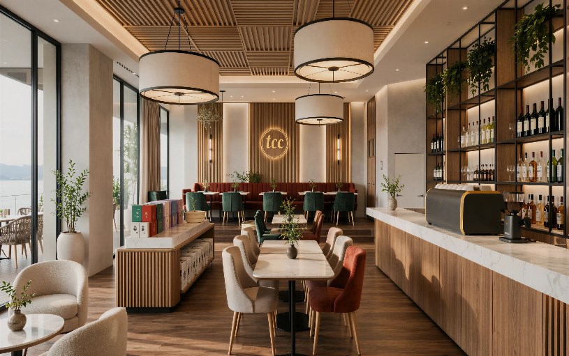 The lounge and bar — warm oak, brass and hanging greenery for a relaxed arrival.