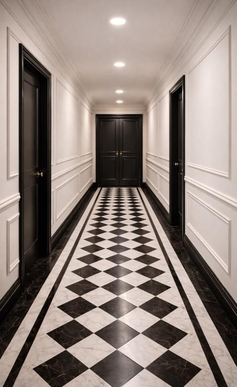 Checkerboard marble corridors — a colonial-European motif, handled with restraint.