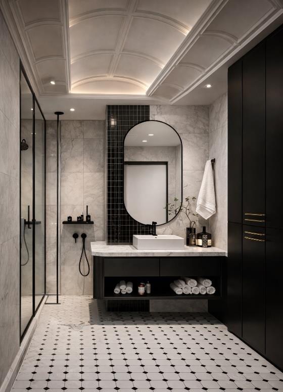 Bathrooms detailed in stone and black metal, quietly hotel-grade.