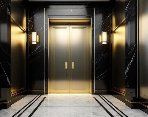 A brass-and-marble lift lobby keeps the boutique-hotel register consistent.
